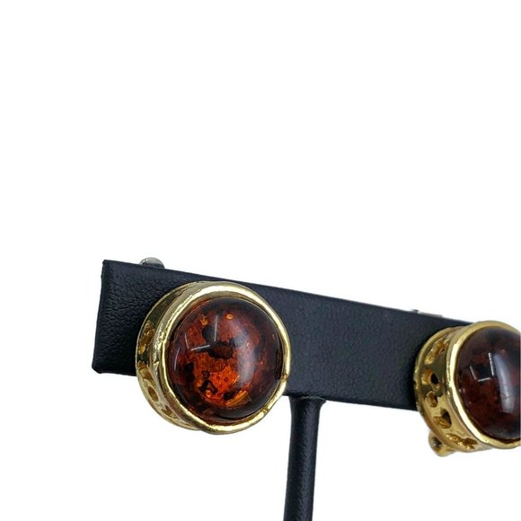 Vintage Amber Glass Clip On Earrings Unsigned, Chunky Round Clips - Picture 4 of 10